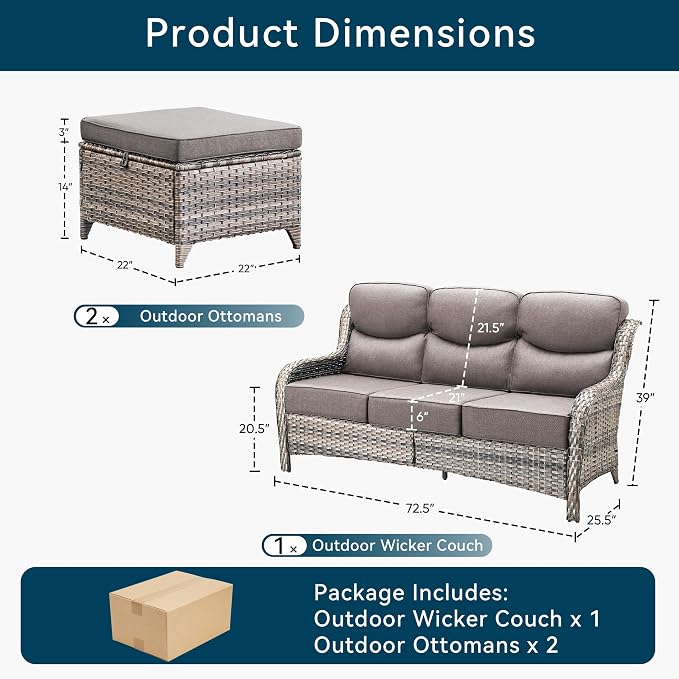 Luxury 3 Pieces Patio Furniture Sets-All Weather Wicker Rattan 3-Seat Sofa Set with Comfy 6" Cushion, Multifunctional Ottomans Patio Conversation Set for Deck Backyard Garden(Grey/Grey)