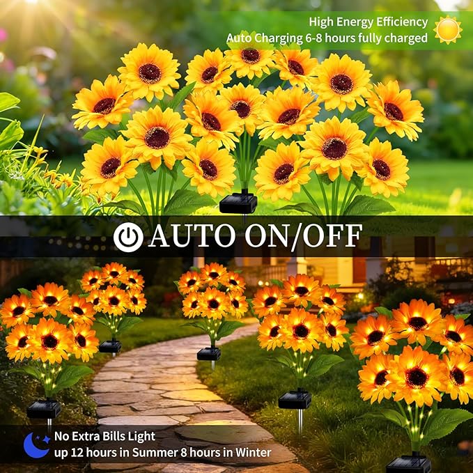 Solar Garden Lights Outdoor, 3 Pack Solar Sunflower Lights with 18 Head 3.45 Inch Flowers, Waterproof Flowers Light Fall Thanksgiving Decorations for Garden Yard Patio Backyard, Gifts for Mom Women