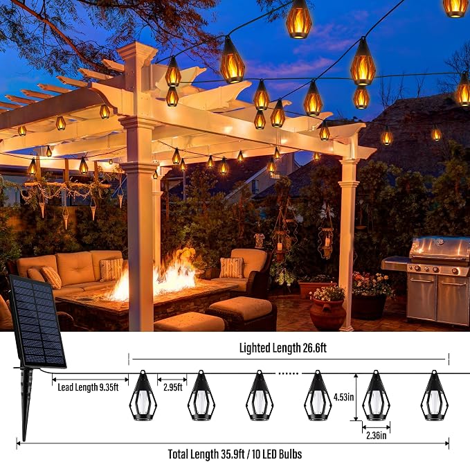 iBaycon Solar Flame String Lights, 27FT 10 LED Bulbs Waterproof, Warm White | Ultra-Real Flickering Flame Lamp Outdoor Waterproof, Solar Patio String Lights for Garden Yard Lawn Decorations