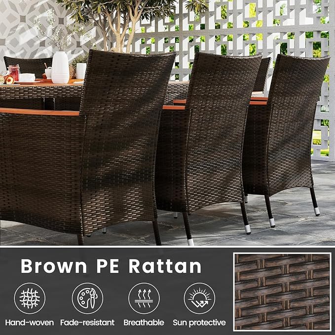 LDAILE Wicker Dining Sets Outdoor Patio, Dining Table Set for 8 Person, Table and Chairs Set with Acacia Wood & Water Resistant Cushions for Backyard Garden, Deuba Brown