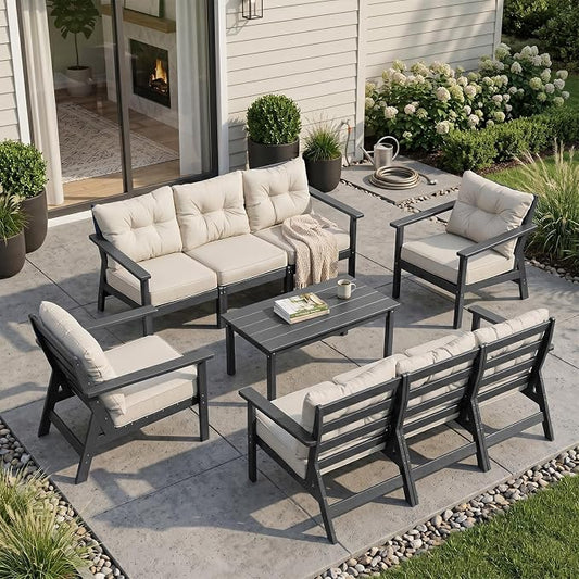 HDPE Patio Conversation Set 8 Seats, Outdoor Furniture Set, Patio Sofa Set | Water-Resistant Thick Cushion, HDPE All Weather, Wood-Grain, No Rot or Rust or Crack, UV Fade Shield, Easy-Clean for Outside