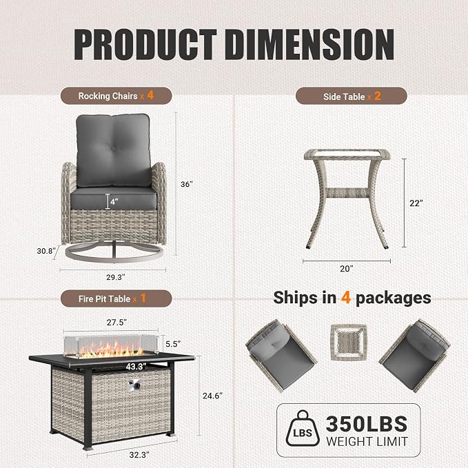 7Pcs Patio Rocking Swivel Chair with 55,000 BTU Fire Pit Table Outdoor Wicker Rattan Bistro Set with Tempered Glass Side Table, Outdoor Patio Furniture Set for Garden and Balcony, Grey