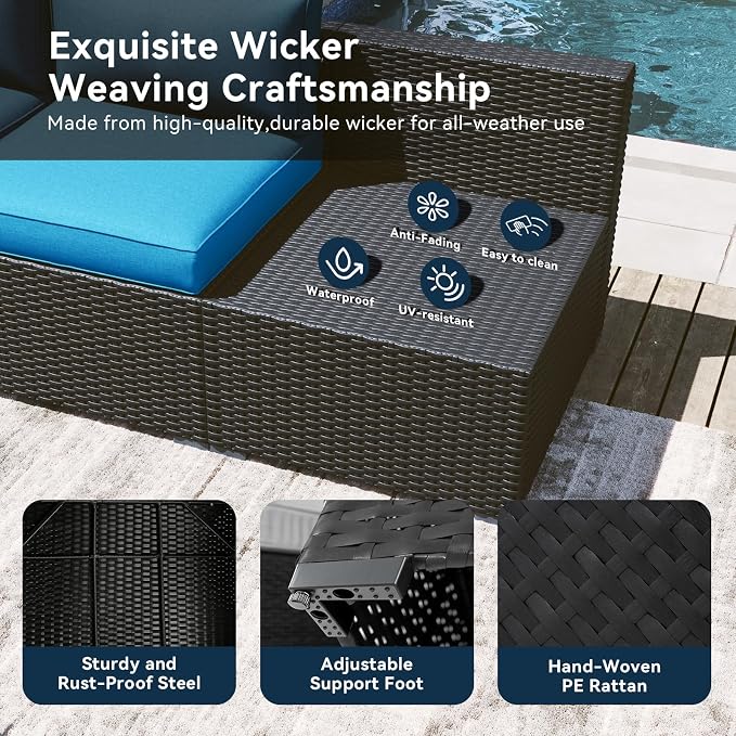 LazySunsets 10 Piece Outdoor Patio Furniture Set with Coffee Table, Outdoor Patio Furniture Sets with 4'' Thicken Cushion, Wicker Rattan Outdoor Conversation Set for Backyard & Garden, Peacock Blue