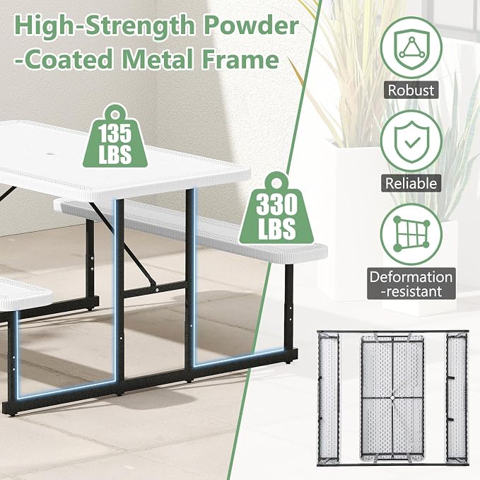 Picnic Table Set for 2-4 People, Umbrella Hole, Heavy-Duty Metal Frame & 2 Benches, HDPE Rectangular Outdoor Dinning Table & Benches for Outside, Patio, Garden, Backyard, Porch (White)