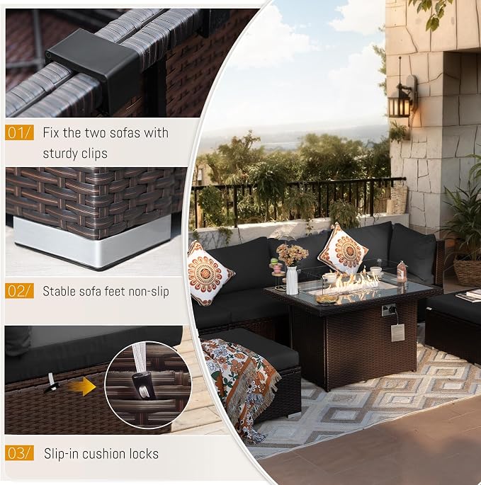 BULEXYARD 11 Piece High Back Wicker Patio Furniture Sets with Fire Pit, Luxury Extra Large Outdoor Seating Set, Comfortable Extra Wide Deep 10-Seater Sectional Couch Sofa for Outside, Brown & Black