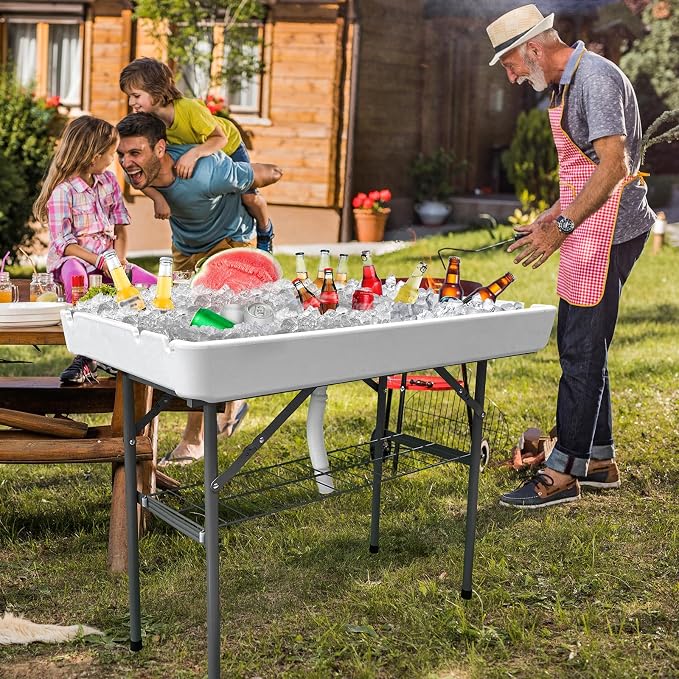 2-Tier Portable Folding Ice Cooler Table, White, with Storage Rack & Drain Hose, Ice Fill Chill Table for Drinks, Food, Camping, Beach, Backyard Parties, Weddings & Events