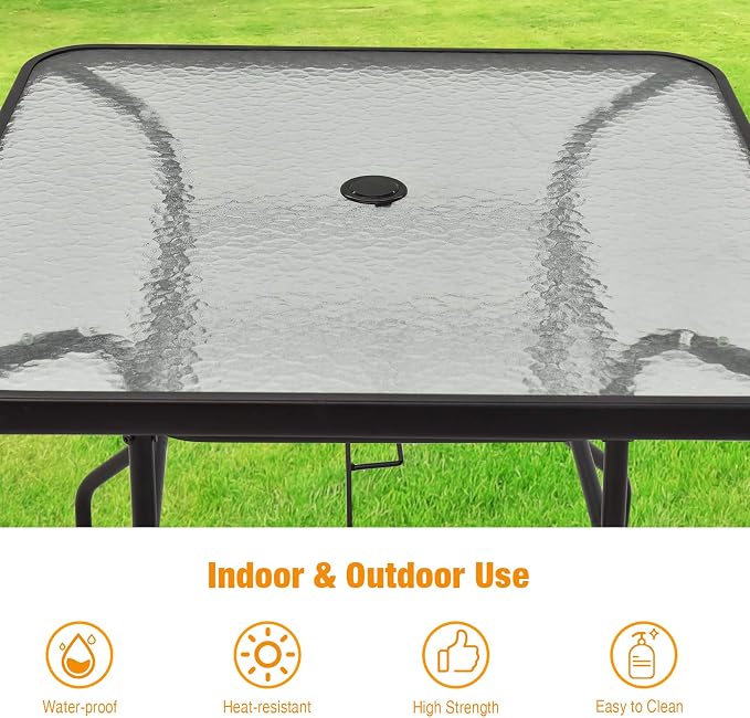 KOTEK 32'' Patio Table with Umbrella Hole, Outdoor Bistro Table w/Tempered Glass Top & Sturdy Metal Frame, Square Patio Dining Table Coffee Table for Garden, Balcony, Poolside