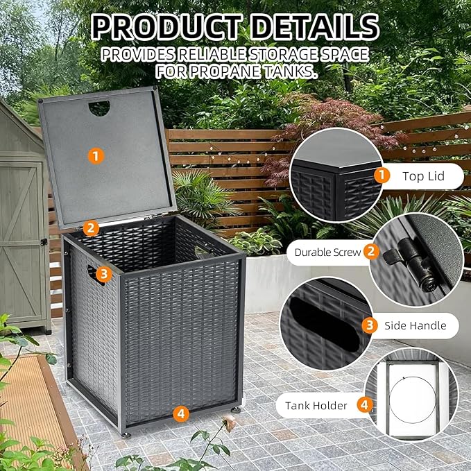 20 LB Propane Tank Hideaway Table with Side Handles，Sturdy 16 Inch Propane Tank Holder with Adjustable Foot Pads，Outdoor Gas Tank Cover for Patio, Deck & Backyard（Black）