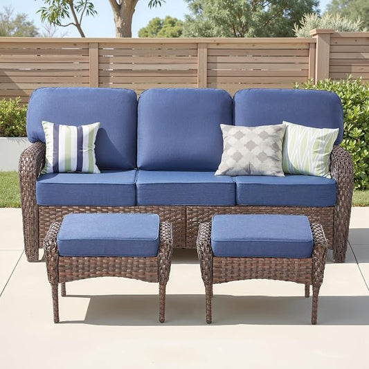 3 Pieces Patio Sofa Furniture Set, Wicker Sofa Outdoor Furniture High Back Rattan 3 Seater Couch with Ottomans, Outdoor Patio Conversation Set for Deck Porch Garden Backyard, Blue