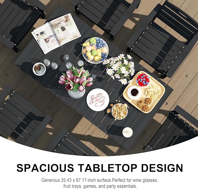 Domi HDPE Outdoor Dining Set, All-Weather 7 Piece Outdoor Dining Table Set with 2" Umbrella Hole, Outdoor Patio Dining Set for Garden, Poolside, Backyard, Deck, Black