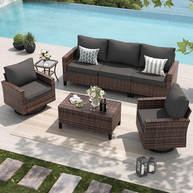 Amopatio Patio Furniture Set, Wicker Outdoor Sectional Sofa with Swivel Rocker Chairs, All-Weather Rattan Conversation Set, Storage Coffee Table, Waterproof Cover for Backyard, Deck Brown/Grey 5 PCS