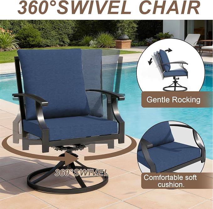 5 Pieces Patio Dining Set Outdoor Conversation Set,Metal Outdoor Furniture Set with Umbrella Hole Cut-Out 78.7" x 35.4" Table and 4 Metal Backrest Swivel Chairs for Backyard,Garden,NavyBlue