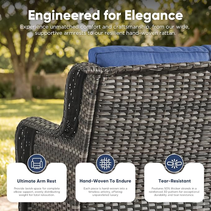 Belord 3-Piece PE Wicker Outdoor Sofa with 2 Ottomans, Luxury Patio Couch Convertible to Chaise Lounge, All-Weather High Back Deep Seat Woven Furniture for Deck, Porch - Grey/Blue