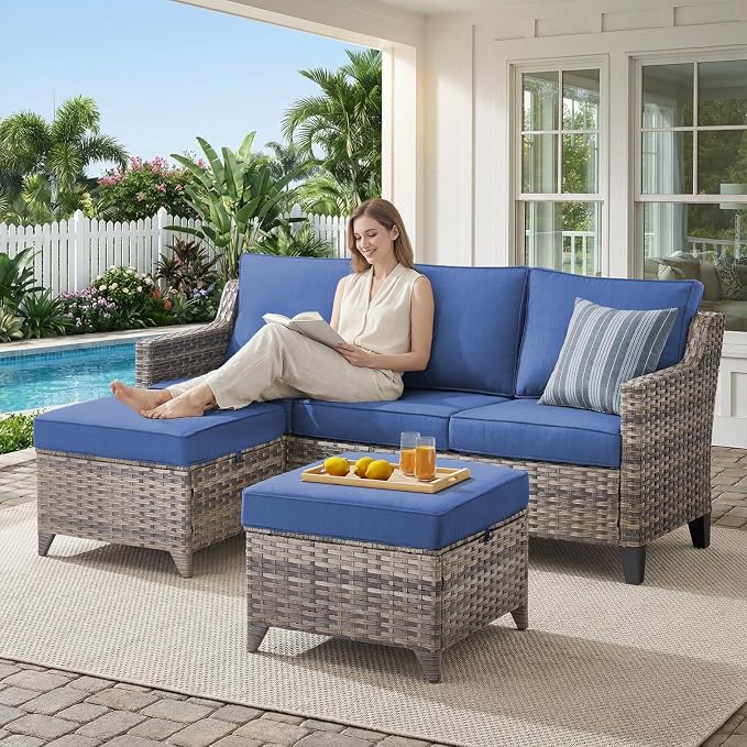 Belord Patio Chairs Set of 2 with 3-Seater Sofa, Outdoor Rattan Chairs for Deck Porch Garden, 5 Piece Patio Conversation Furniture Set,Blue