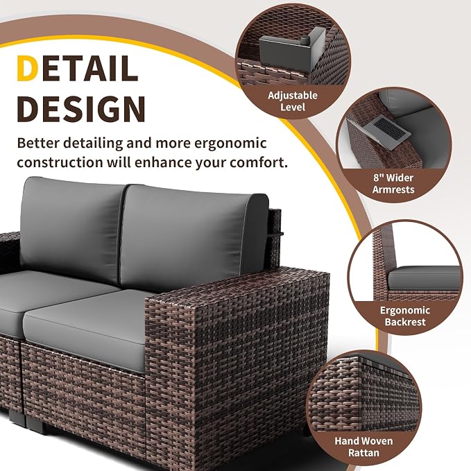 Patio Furniture with Fire Pit Table,8‘’ Wide armrest Outdoor Sectional Rattan Sofa Set, Wicker Patio Furniture Sets w/Coffee Table,Thick Cushions and Cover for Porch, Deck, 9 PC (Brown&Grey)