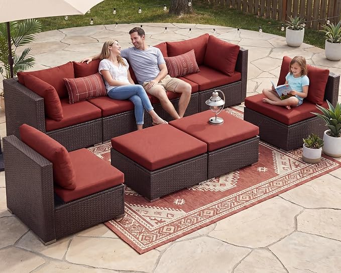 NICESOUL 29.3'' High Back Wicker Patio Furniture Set for 8 Person, Extra Big Outdoor Modular Sectional with Ottoman, Deep Seated Relax Conversation Sets for Backyard Deck, Brown and Red