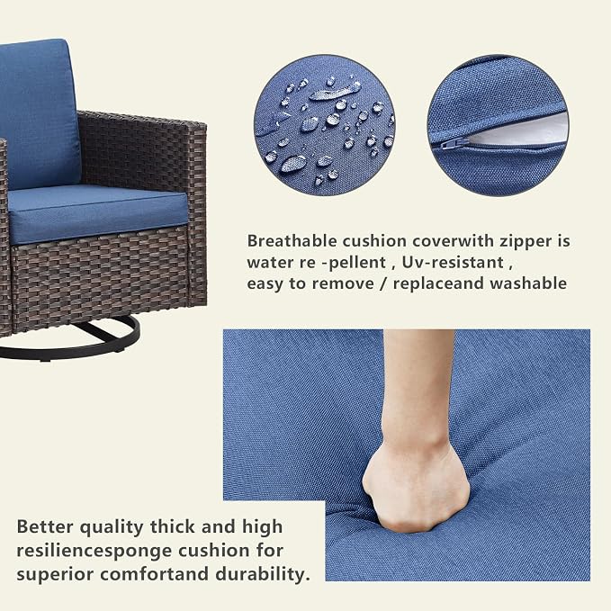 Luxury Outdoor Patio Swivel Rocker Chairs - 3 Piece Wicker Patio Furniture Bistro Swivel Rocking Chairs Set with Comfortable Cushions,Sturdy Metal Frame and Side Table for Porch Deck(Brown/Blue)