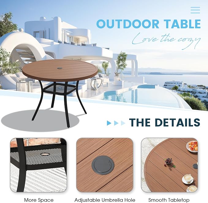 Patio Dining Table for 4, Round Metal Outdoor Table with Storage Shelf, 1.57" Umbrella Hole, 41" Outdoor Slat Tabletop Dining Table for Backyard, Porch, Lawn, Walnut