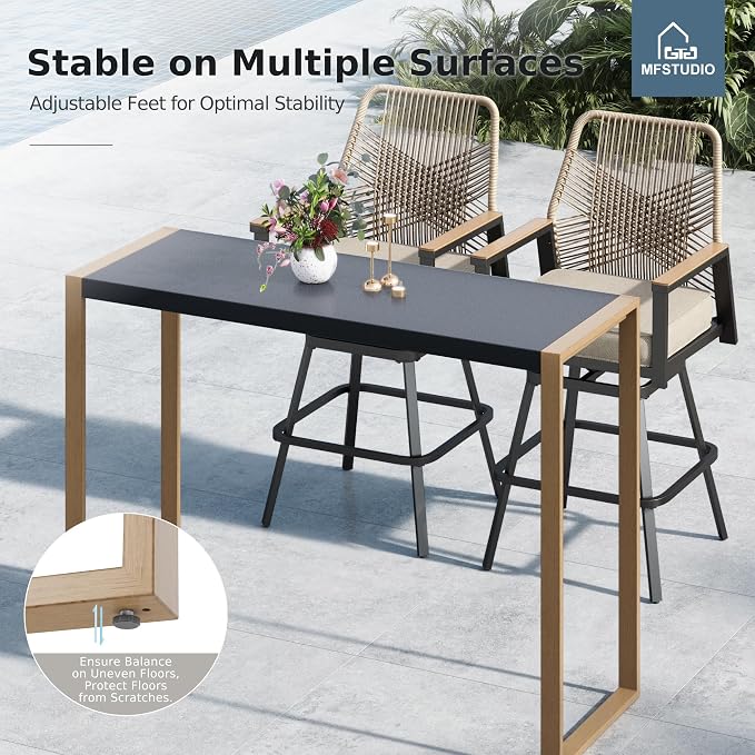 MFSTUDIO Outdoor Patio Bar Table, Bar Height Outdoor Table, 40" H High Top Patio Table with Stone Texture Top & Adjustable Non-Scratch Feet for Backyard, Garden, Patio Dining