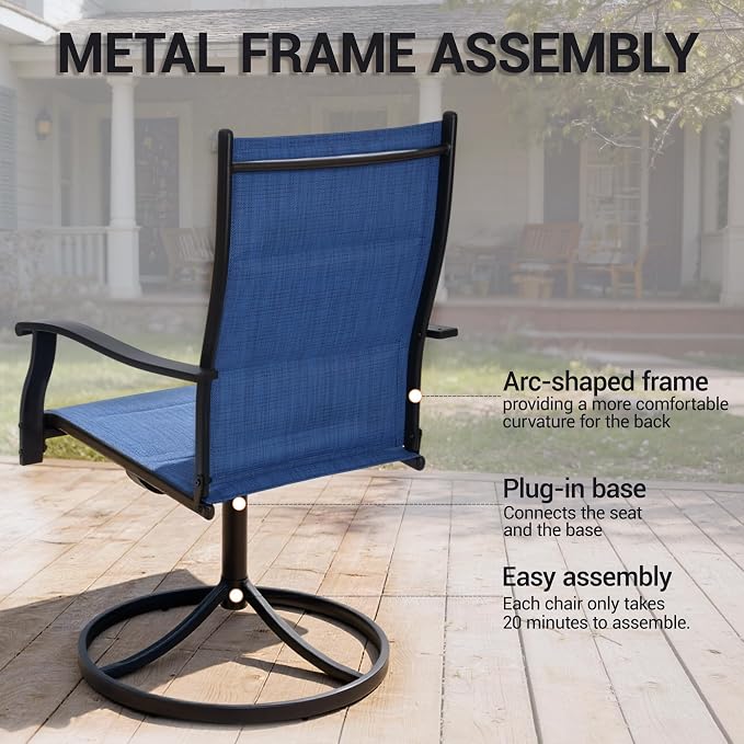 Patio Swivel Rocker Chairs Set of 2,Outdoor Dining Chairs High Back,15° Gentle Rocking Patio Chair with Padded Textilene, Metal Frame for Poolside Lawn Garden,Blue(2 PCS)