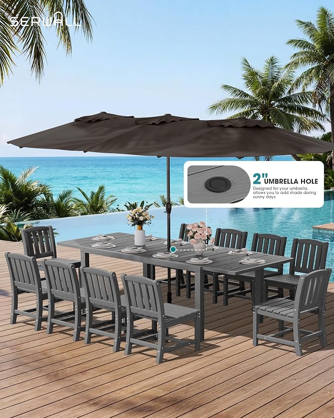 SERWALL Outdoor Patio Dining Set for 8, Grey | 60" - 83" Expandable Outdoor Dining Table and 8 HDPE Chairs, All Weather Material Outdoor Furniture Set Backyard, Garden