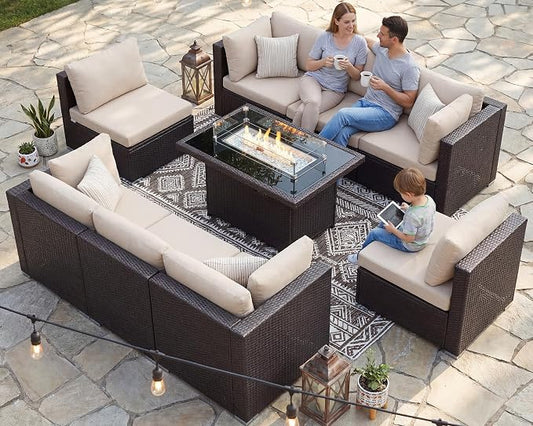 BULEXYARD 9 Pcs High Back Outdoor Sectional Set with Firepit Table, High-End Patio Furniture Seating Set, Big Oversized Wide Deep Modular 8-Seater Couch Sofa for Backyard, Brown Wicker & Beige Cushion