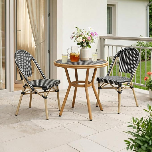 PURPLE LEAF 3-Piece French Bistro Dining Set Round Outdoor Patio Table and 2 Armless Chairs Tempered Glass Top PE Rattan Champagne Print Finish Aluminum Frame Black
