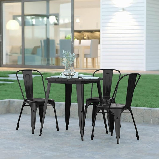 EMMA + OLIVER Drew Dining Table - Black 30" Round Poly Resin Table Top - Black Steel Base - All-Weather for Indoor/Outdoor Use
