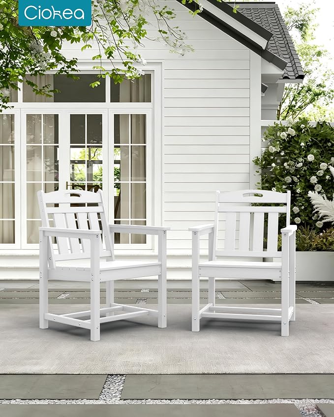 Ciokea HDPE Outdoor Patio Dining Chairs Set of 2, All-Weather Porch Chair with Wide Seat, Durable Outdoor Furniture for Backyard, Garden, Lawn & Poolside, White