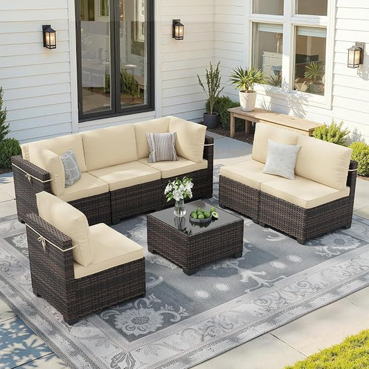 Soohow 7-Piece Patio Furniture Set, Outdoor Conversation Set, Thickened All-Weather Rattan Sectional Sofa with Tempered Glass Table for Garden, Porch, Backyard - Beige Cushions