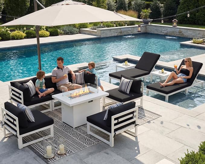 NICESOUL 11 Pcs Oversized Modern Aluminum Patio Furniture Set, All Weather Modular Sectional Sofa with Lounger & Fireplace, 500 lbs Heavy Duty Comfortable Outdoor Couch for Poolside Backyard, Black