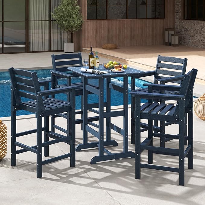 Giantex 42" Height Outdoor Tall Bar Table, HDPE Square Pub Tables with Wood Grains, High Top, Cocktail Bistro Table for Adirondack Chairs, Patio, Garden, Poolside, Yard, Balcony, Navy