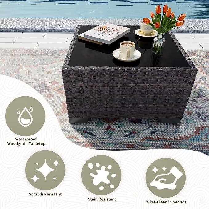 Gotland 7 Pieces Patio Furniture Set with 55000BTU Fire Pit Table, Wicker Patio Set with Wide Armrests 29.5'' High Backrest Thick Cushions 1 Coffee Table, Outdoor Furniture for Porch Deck Navy