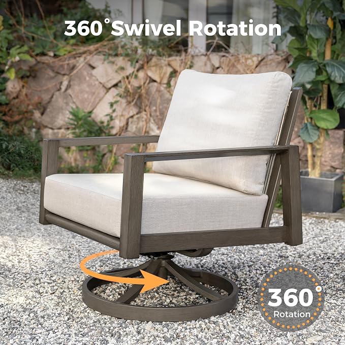 HAPPATIO Patio Conversation Set, 4-Piece Aluminum Oversized Patio Furniture Set with Rope Backrest,2 Swivel Chairs and 3-Seat Sofa with Thick Cushion, Hand-Brushed Frame for Yard, Porch, Balcony