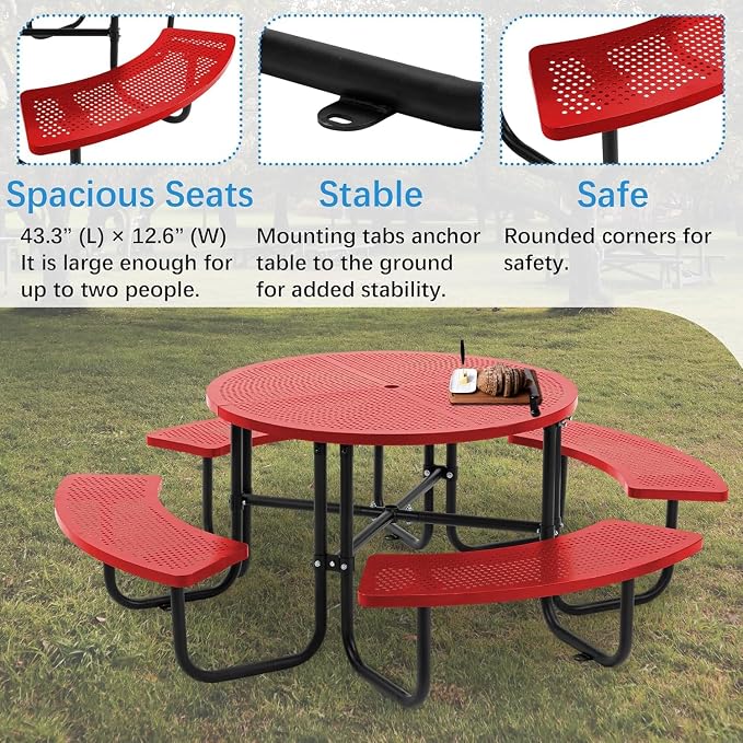 46" Round Metal Picnic Table with Umbrella Hole, Heavy Duty Portable Outdoor Dining Set, All-Weather Steel BBQ Party Table for Patio Garden Backyard, Red (Red-Round)