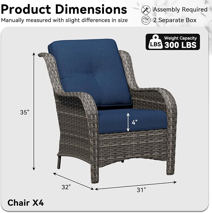 4 Piece Outdoor Wicker Patio Furniture Set, Patio Chairs Set of 4 with Thickened Olefin Cushions, High Back and Deep Seating, Hand-Woven PE Rattan for Porch, Deck, Blue
