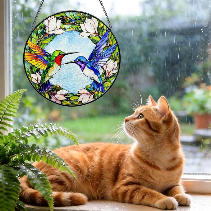 Stained Glass Window Hanging - Colorful Hummingbirds Suncatcher for Windows Doors Home Decor, Hummingbird Magnolia Flowers Sun Catcher Gift for Women Mom Nana Bird Lovers Christmas Mother's Day 7.8 in