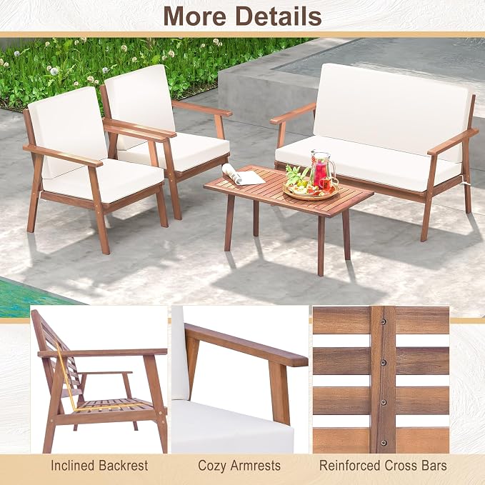 Tangkula 4 Piece Outdoor Conversation Set, Acacia Wood Sofa Set with Soft Seat & Back Cushions, Rectangle Coffee Table Patio Wood Furniture Set for Backyard, Poolside, Garden (1, Off White)