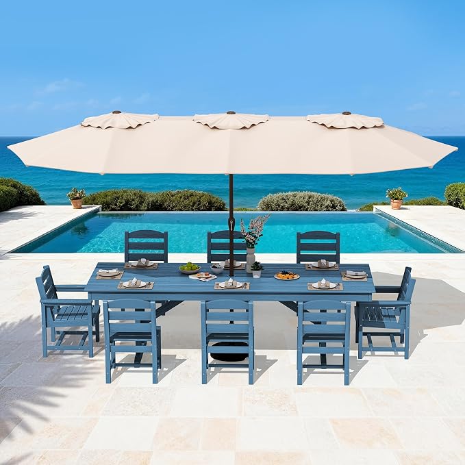 SERWALL 9 Piece Outdoor Dining Set, 84" HDPE Outdoor Table with 6 Armless Chairs and 2 Armchairs ，All Weather Patio Dining Furniture Set with Umbrella Hole for Backyard, Garden, Blue