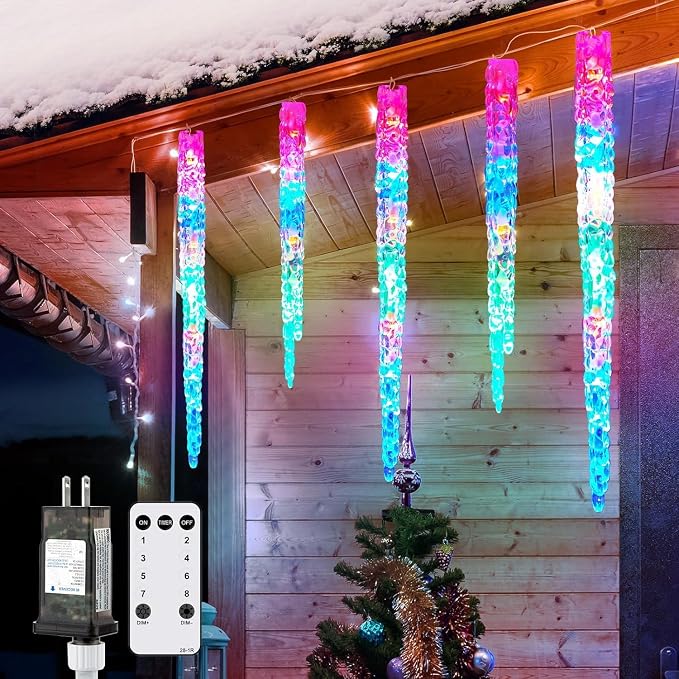 Brightown Icicle Lights Outdoor with Remote, 20ft 100 LED 20 Tubes Connectable Ice Shape Hanging Christmas Lights for Tree Patio Roof Holiday Decor, Multicolor