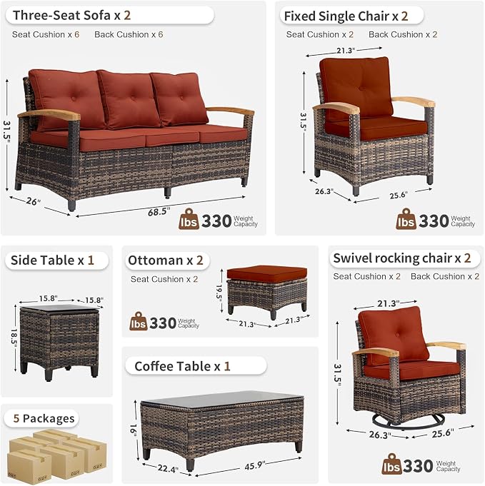 MEISSALIVVE 10 Pieces Outdoor Patio Furniture Sets, Wicker Patio Conversation Sets with 2 Wood Armrests Swivel Glide Chairs,2 Single Chairs, Outdoor Couch and Coffee Table(Red)