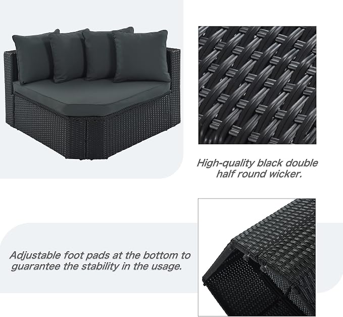 7 piece Outdoor Wicker Sofa Set, Outdoor Conversation Set for 6 People, All Weather Sectional Lounger Sofa with Coffee Table, Cushions & Pillows for Balcony Porch Backyard, Black+Gray