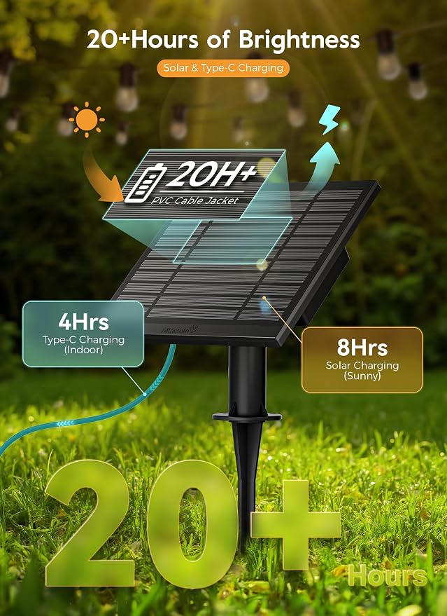 Minetom 100FT Solar String Lights Outdoor Waterproof, S14 Patio Lights | 31+2LED Shatterproof Bulb, Remote Type-C Port Timable, 3 Light Modes Dimmable Solar String Lights for Outside, Yard, Camping