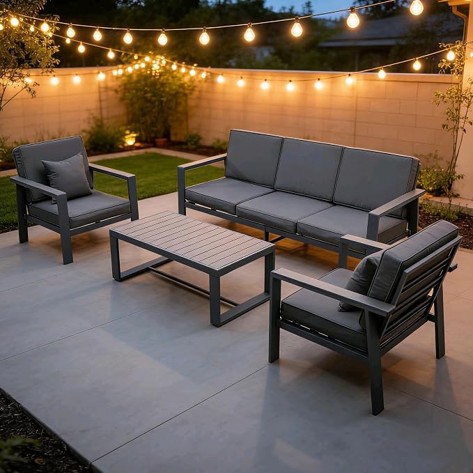 Modern All Weather Aluminum Patio Conversation Set,4 Pieces Oversized Metal Sectional Sofa Couch with Cushions and Coffee Table,Outdoor Furniture for Backyard,Porch,Garden, Balcony,Deck Grey