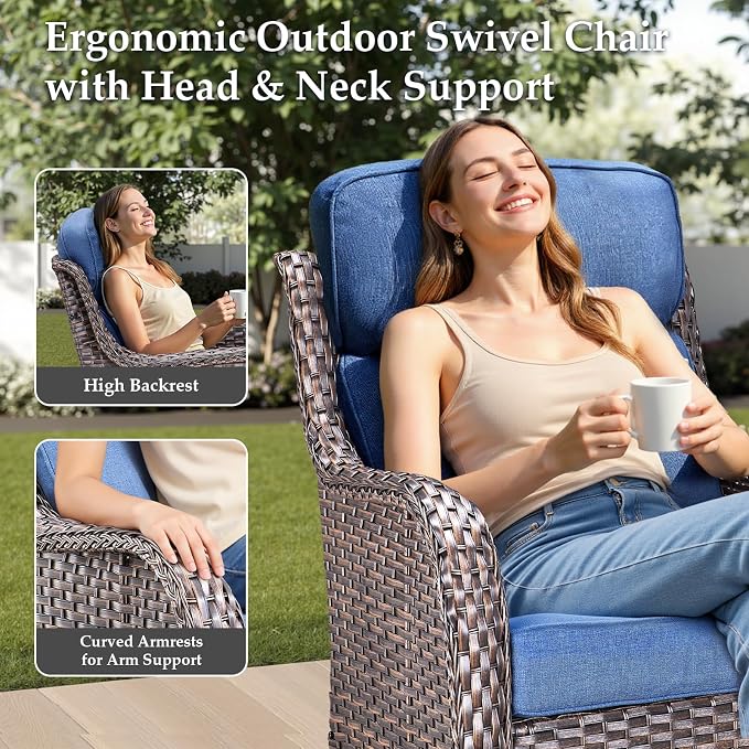 Luxury Outdoor Patio Furniture Set-Wicker High Backrest 3-Seat Patio Sofa with Comfy 6" Cushion, Rattan Couch with Deep Seat All-Weather Patio Conversation Set for Deck Backyard Garden(Brown/Blue)