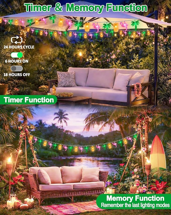 50 LED 25ft Summer Hawaiian Beach Battery String Lights Outdoor with Remote | Flamingo Pineapple Palm Tree Fairy Twinkle Lights Battery Operated with 8 Modes & Timer for Tropical Beach Party Pool Decor