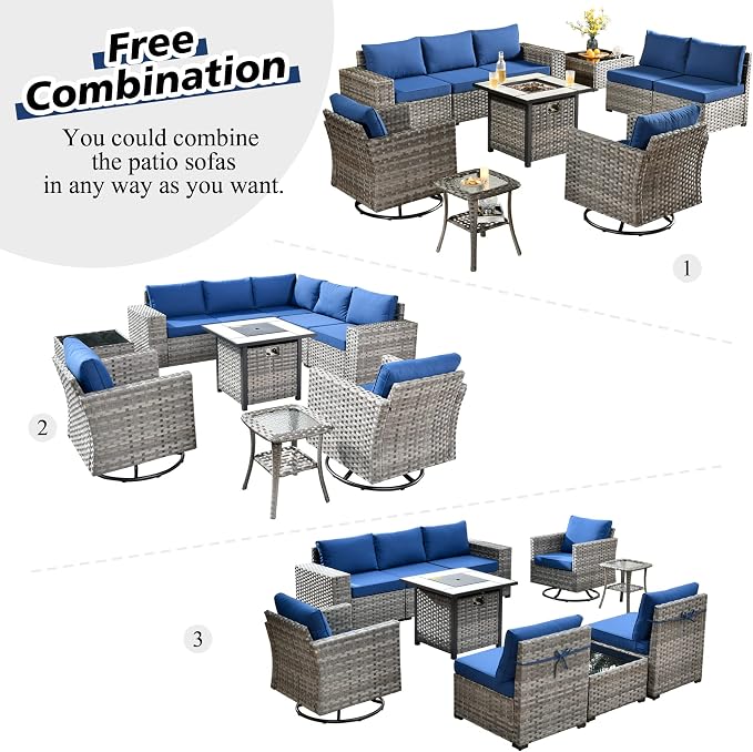 HOOOWOOO Outdoor Patio Sectional Furniture Sofa Set with Fire Pit Table,10 Piece Modern Wicker Couch with Swivel Chairs,Modular Conversation Seating Set with Widened Armrest for Garden(Navy Blue)