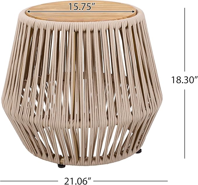 Polibi Outdoor Side Table with Handwoven Rope Base, Weather-Resistant Outdoor/Indoor Accent Table for Patio, Garden, Coastal & Bohemian Decor (Beige + Light Teak)