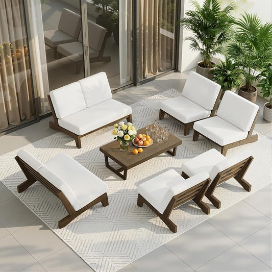 7 Pieces All Weather Wood Patio Furniture Sets, 2 Patio Loveseat, 4 Patio Bistro Chair, Outdoor Sectional Sofa Furniture Backyard Conversation Set with Coffee Table - Beige
