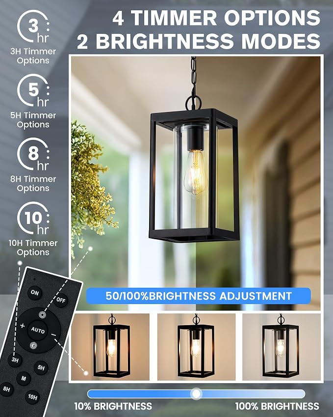 Beionxii 15" Solar Outdoor Pendant Light,Farmhouse Exterior Hanging Lantern | Anti-Rust Aluminum, Waterproof, Dusk to Dawn Modern Outside Chandelier w/Remote and Bulb for Coastal, Porch, Patio, BXA291-SH